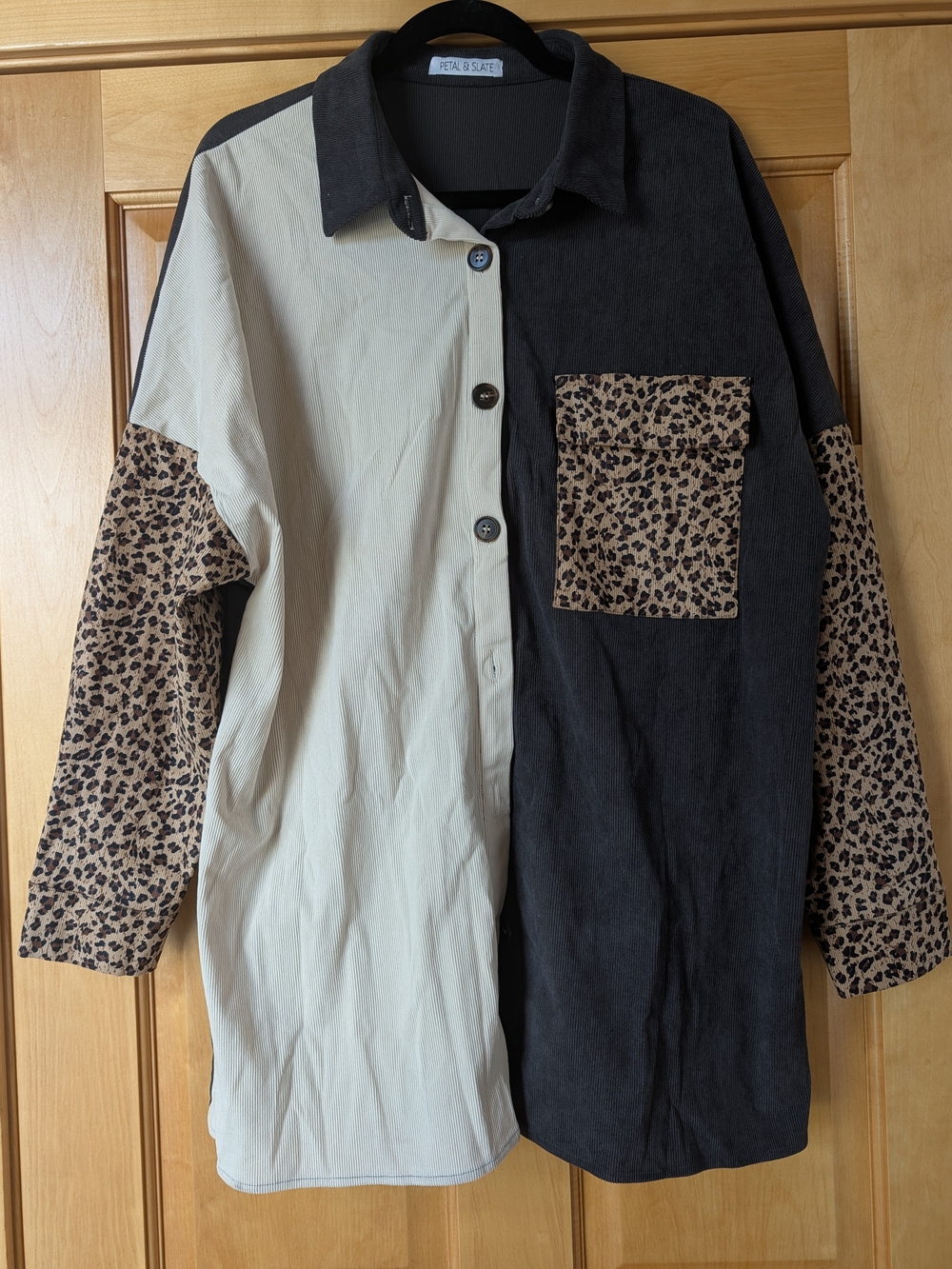 Colorblock Button-Down Shirt / Shacket with Leopard Print Pocket - Black & Cream